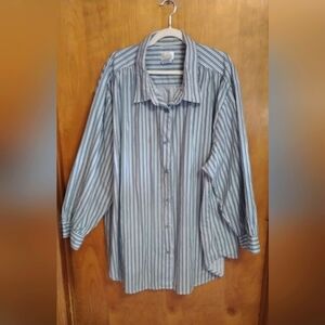 Roaman's Woman's Green Casual Button Down Shirt with Vertical Stripes